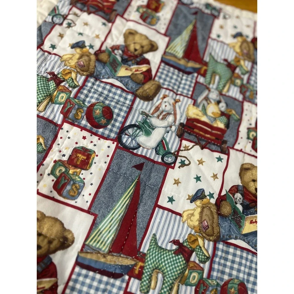 Vtg 90s Teddy Bear Quilt Americana Nursery Blanket Sailboats Blue Jeans 46x43